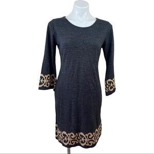 R & K Knitted Dress Dark Grey & Beige Bell Sleeve